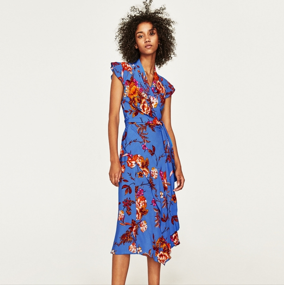Zara Blue Floral Wrap Sundress with Flutter Sleeves